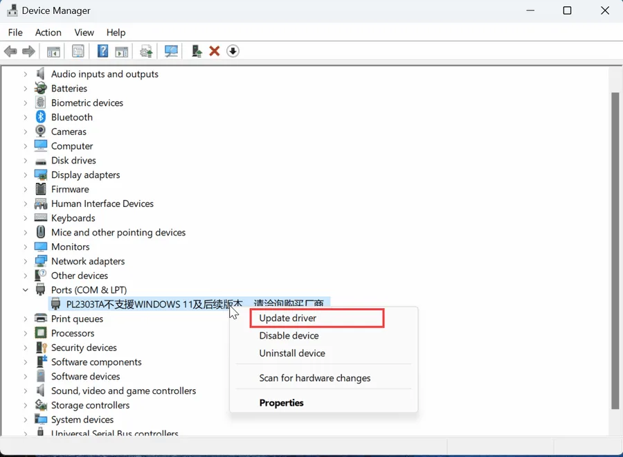 Device Manager: right-click the PL2303TA entry and choose Update driver