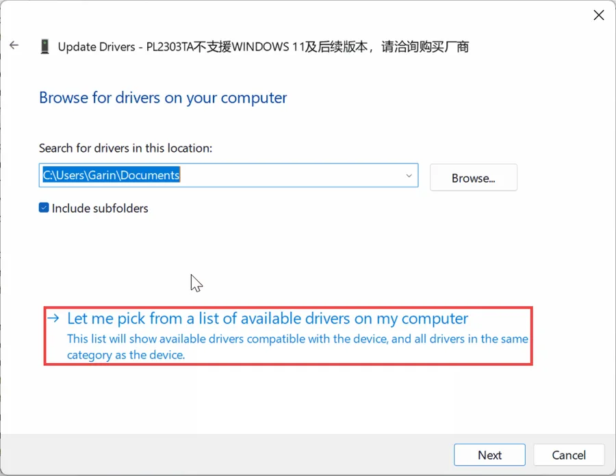 Click Let me pick from a list of available drivers on my computer